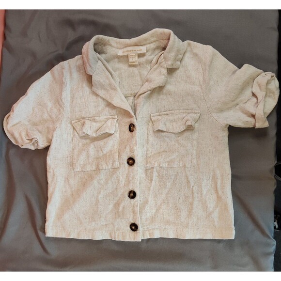 Women's Monteau Los Angeles Linen Button Front Crop Top Small Oatmeal - Picture 3 of 6